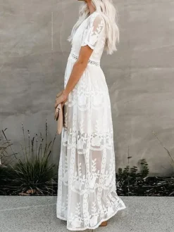 White Lace Boho Maxi Dress for Women - V Neck Short Sleeve Sheer Long Dress - Summer Beach Bridal Resort Wear 2026