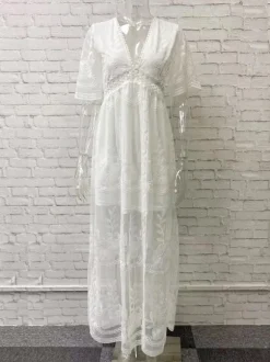 White Lace Boho Maxi Dress for Women - V Neck Short Sleeve Sheer Long Dress - Summer Beach Bridal Resort Wear 2026