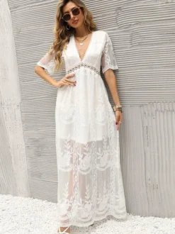 White Lace Boho Maxi Dress for Women - V Neck Short Sleeve Sheer Long Dress - Summer Beach Bridal Resort Wear 2026