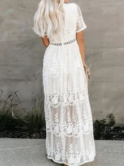 White Lace Boho Maxi Dress for Women - V Neck Short Sleeve Sheer Long Dress - Summer Beach Bridal Resort Wear 2026