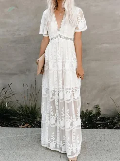 White Lace Boho Maxi Dress for Women - V Neck Short Sleeve Sheer Long Dress - Summer Beach Bridal Resort Wear 2026
