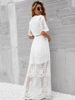White Lace Boho Maxi Dress for Women - V Neck Short Sleeve Sheer Long Dress - Summer Beach Bridal Resort Wear 2026