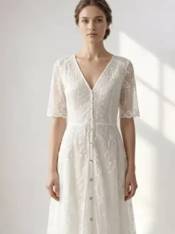 White Lace Maxi Boho Dress for Women - Embroidery Button Front Short Sleeves High Low Dress - Summer Beach Bridal Party Wear 2026