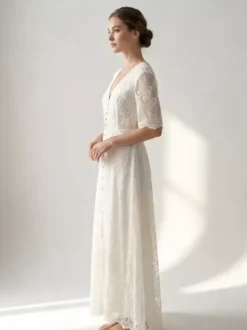 White Lace Maxi Boho Dress for Women - Embroidery Button Front Short Sleeves High Low Dress - Summer Beach Bridal Party Wear 2026