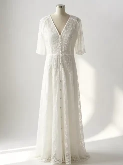 White Lace Maxi Boho Dress for Women - Embroidery Button Front Short Sleeves High Low Dress - Summer Beach Bridal Party Wear 2026