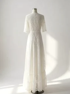 White Lace Maxi Boho Dress for Women - Embroidery Button Front Short Sleeves High Low Dress - Summer Beach Bridal Party Wear 2026