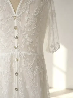 White Lace Maxi Boho Dress for Women - Embroidery Button Front Short Sleeves High Low Dress - Summer Beach Bridal Party Wear 2026