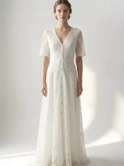 White Lace Maxi Boho Dress for Women - Embroidery Button Front Short Sleeves High Low Dress - Summer Beach Bridal Party Wear 2026