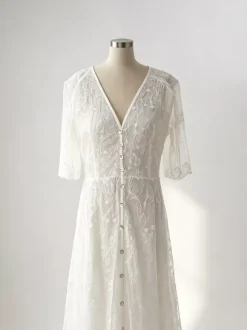White Lace Maxi Boho Dress for Women - Embroidery Button Front Short Sleeves High Low Dress - Summer Beach Bridal Party Wear 2026