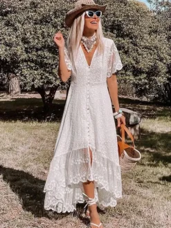 White Lace Maxi Boho Dress for Women - Embroidery Button Front Short Sleeves High Low Dress - Summer Beach Bridal Party Wear 2026