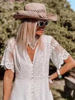 White Lace Maxi Boho Dress for Women - Embroidery Button Front Short Sleeves High Low Dress - Summer Beach Bridal Party Wear 2026