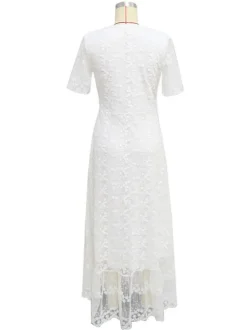 White Lace Maxi Boho Dress for Women - Embroidery Button Front Short Sleeves High Low Dress - Summer Beach Bridal Party Wear 2026
