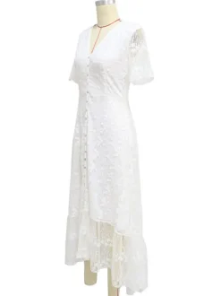 White Lace Maxi Boho Dress for Women - Embroidery Button Front Short Sleeves High Low Dress - Summer Beach Bridal Party Wear 2026