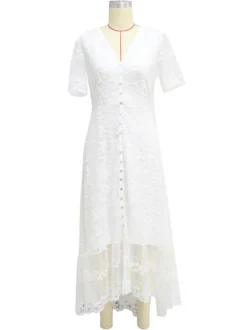 White Lace Maxi Boho Dress for Women - Embroidery Button Front Short Sleeves High Low Dress - Summer Beach Bridal Party Wear 2026