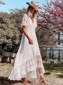 White Lace Maxi Boho Dress for Women - Embroidery Button Front Short Sleeves High Low Dress - Summer Beach Bridal Party Wear 2026