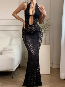 White Lace Mermaid Maxi Dress With Cut-Out Details 2026