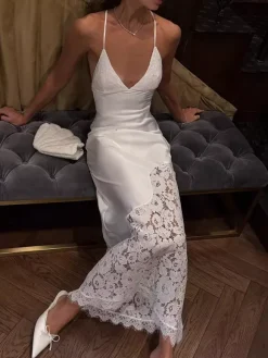 White Lace Panel Slip Maxi Dress For Women Elegant Evening Style