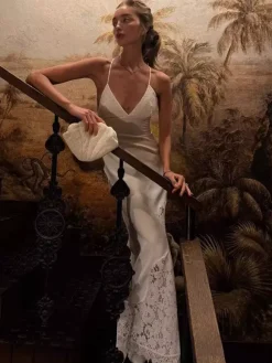 White Lace Panel Slip Maxi Dress For Women Elegant Evening Style