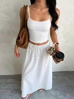 White Lace Trim Cami Crop Top Drawstring Wide Leg Maxi Skirt 2 Piece Vacation Outfit