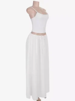 White Lace Trim Cami Crop Top Drawstring Wide Leg Maxi Skirt 2 Piece Vacation Outfit