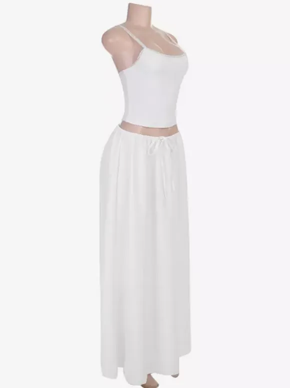 White Lace Trim Cami Crop Top Drawstring Wide Leg Maxi Skirt 2 Piece Vacation Outfit