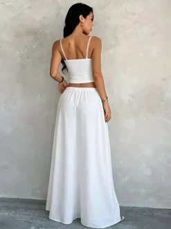 White Lace Trim Cami Crop Top Drawstring Wide Leg Maxi Skirt 2 Piece Vacation Outfit