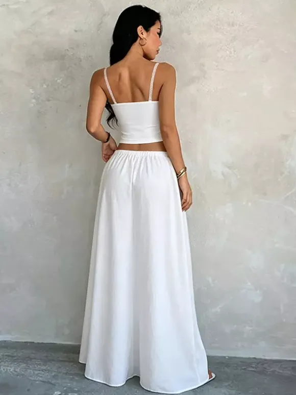 White Lace Trim Cami Crop Top Drawstring Wide Leg Maxi Skirt 2 Piece Vacation Outfit