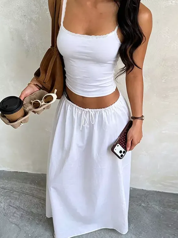 White Lace Trim Cami Crop Top Drawstring Wide Leg Maxi Skirt 2 Piece Vacation Outfit