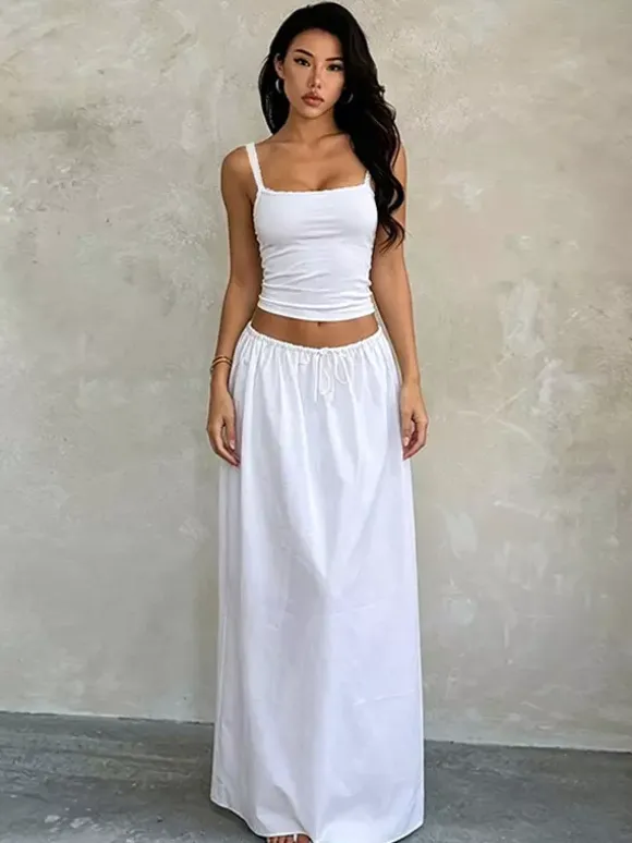White Lace Trim Cami Crop Top Drawstring Wide Leg Maxi Skirt 2 Piece Vacation Outfit