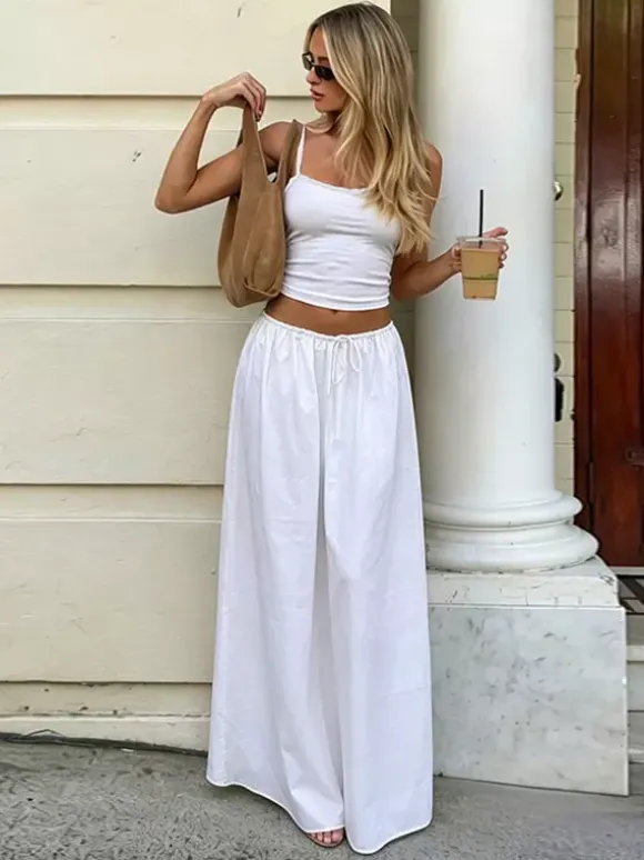 White Lace Trim Cami Crop Top Drawstring Wide Leg Maxi Skirt 2 Piece Vacation Outfit
