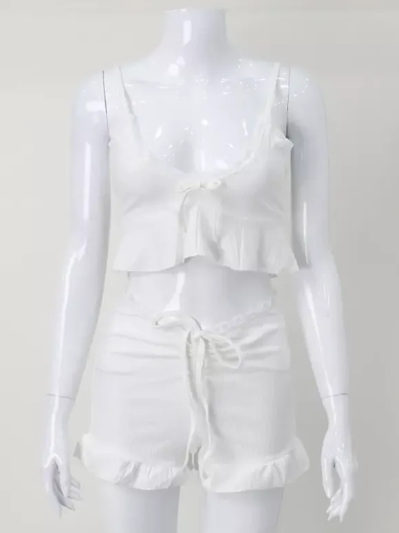 White Lace Trim Coquette 2 Piece Set For Women - Cami & Short Loungewear - Summer Beach Casual 2026