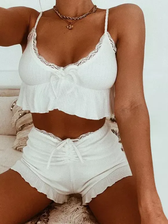 White Lace Trim Coquette 2 Piece Set For Women - Cami & Short Loungewear - Summer Beach Casual 2026