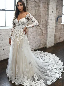 White Lace Wedding Dress V-Neck Long Sleeves Backless With Train Tulle Bridal Gowns Free Customization