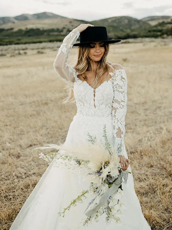 White Lace Wedding Dress V-Neck Long Sleeves Backless With Train Tulle Bridal Gowns Free Customization