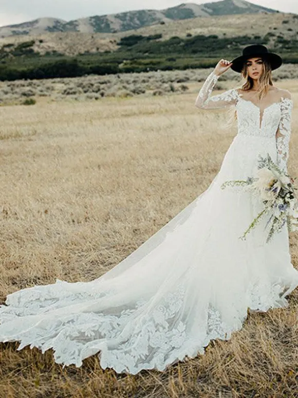 White Lace Wedding Dress V-Neck Long Sleeves Backless With Train Tulle Bridal Gowns Free Customization