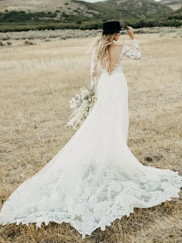 White Lace Wedding Dress V-Neck Long Sleeves Backless With Train Tulle Bridal Gowns Free Customization