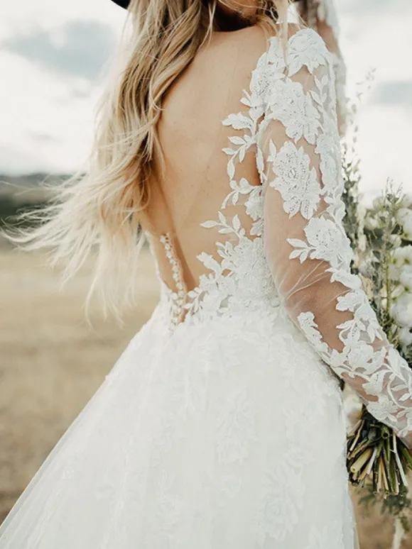 White Lace Wedding Dress V-Neck Long Sleeves Backless With Train Tulle Bridal Gowns Free Customization