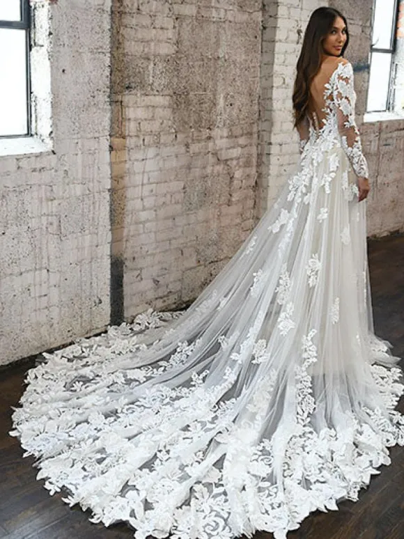 White Lace Wedding Dress V-Neck Long Sleeves Backless With Train Tulle Bridal Gowns Free Customization