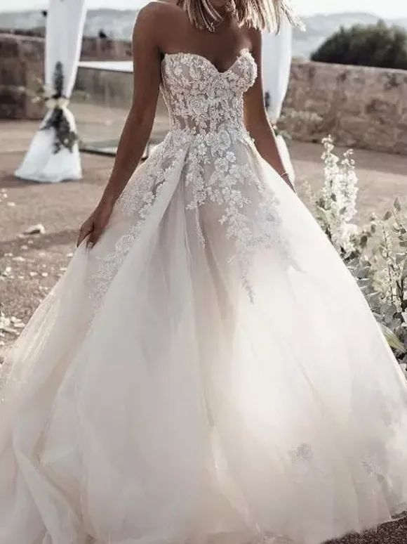 White Lace Wedding Dress With Train Sleeveless Backless Tulle Strapless A-Line Bridal Dresses Free Customization