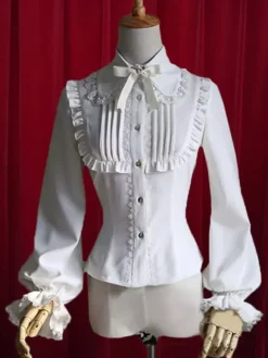 White Lolita Blouse Bow Ruched Cotton Blouse for Women