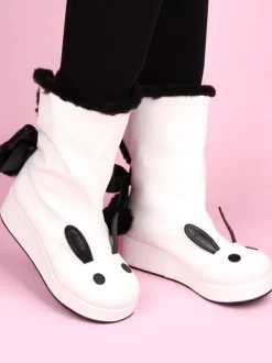 White Lolita Boots Rabbit Ear Lined Kawaii Lolita Winter Boots In Two Tone