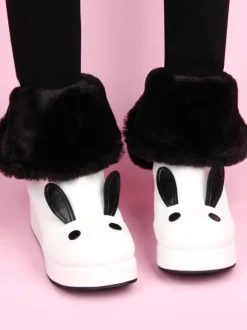 White Lolita Boots Rabbit Ear Lined Kawaii Lolita Winter Boots In Two Tone