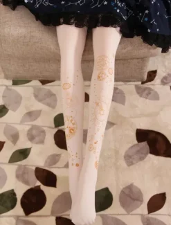 White Lolita Pantyhose Clock Travel Hot Stamping 100D Velvet Lolita Stocking