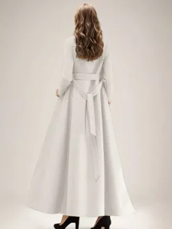 White Longline Woolen Coat Notched Lapel Double Breasted Belted Winter Full Length Outerwear For Women 2026