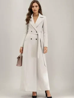 White Longline Woolen Coat Notched Lapel Double Breasted Belted Winter Full Length Outerwear For Women 2026