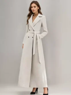 White Longline Woolen Coat Notched Lapel Double Breasted Belted Winter Full Length Outerwear For Women 2026