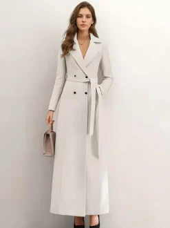 White Longline Woolen Coat Notched Lapel Double Breasted Belted Winter Full Length Outerwear For Women 2026