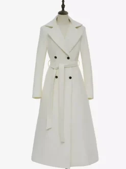 White Longline Woolen Coat Notched Lapel Double Breasted Belted Winter Full Length Outerwear For Women 2026
