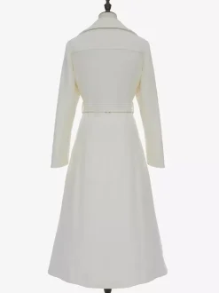 White Longline Woolen Coat Notched Lapel Double Breasted Belted Winter Full Length Outerwear For Women 2026