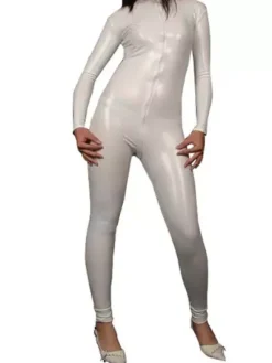 White Long Sleeves PVC Shiny Metallic Fabric Catsuit Full Bodysuit Britney Spears Costume